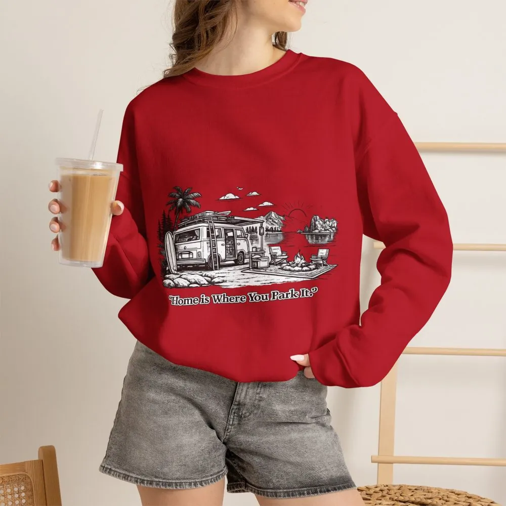 Unisex Heavy Blend™ Crewneck Sweatshirt — "Home Is Where You Park It" Design Minimal-Line