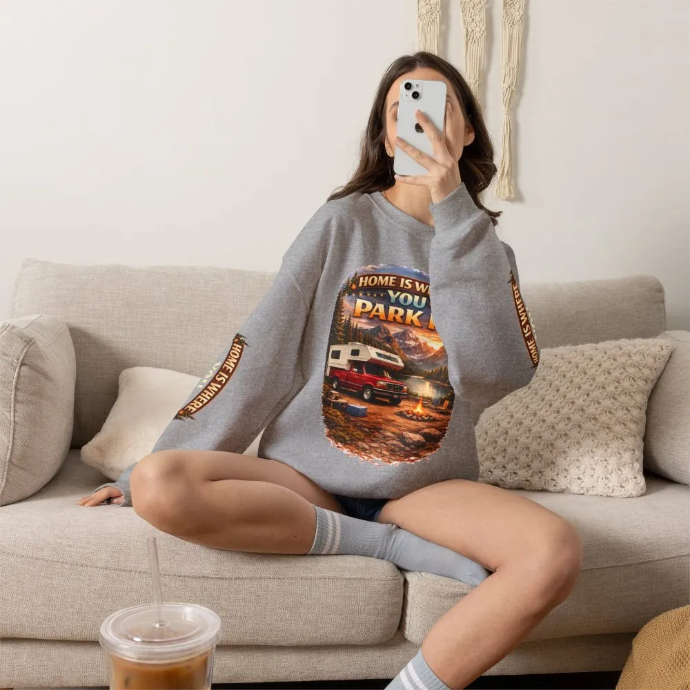 Unisex Heavy Blend™ Crewneck Sweatshirt — "Home Is Where You Park It" Design Scenic-Line