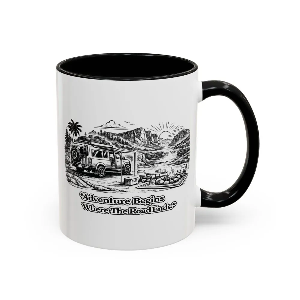 Accent Coffee Mug (11, 15oz) — "Adventure Begins Where The Road Ends" Design Minimal-Line