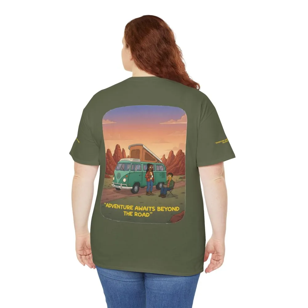 Unisex Heavy Cotton Tee — "Adventure Awaits Beyond The Road" Design Sitcom-Line