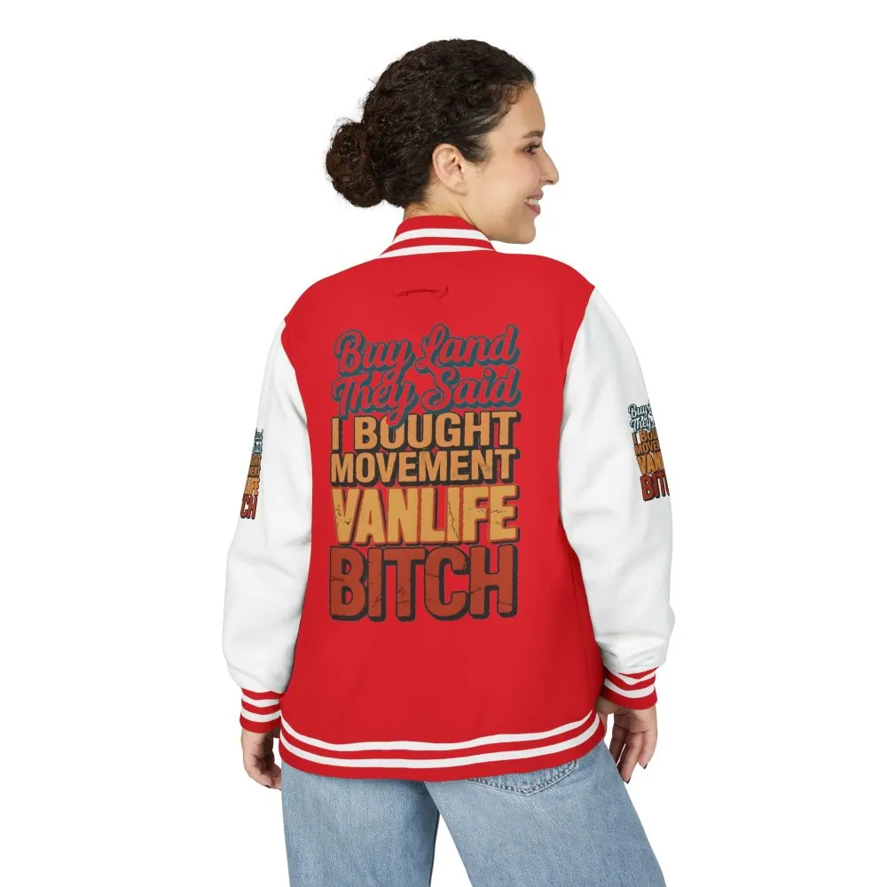 7125650512287929125_2048.jpeg Unisex Heavyweight Letterman Jacket — "Buy Land They Said" Design F**K-Line