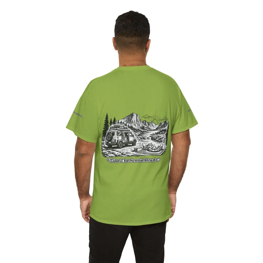 Unisex Heavy Cotton Tee — "Take The Scenic Route" Design Minimal-Line