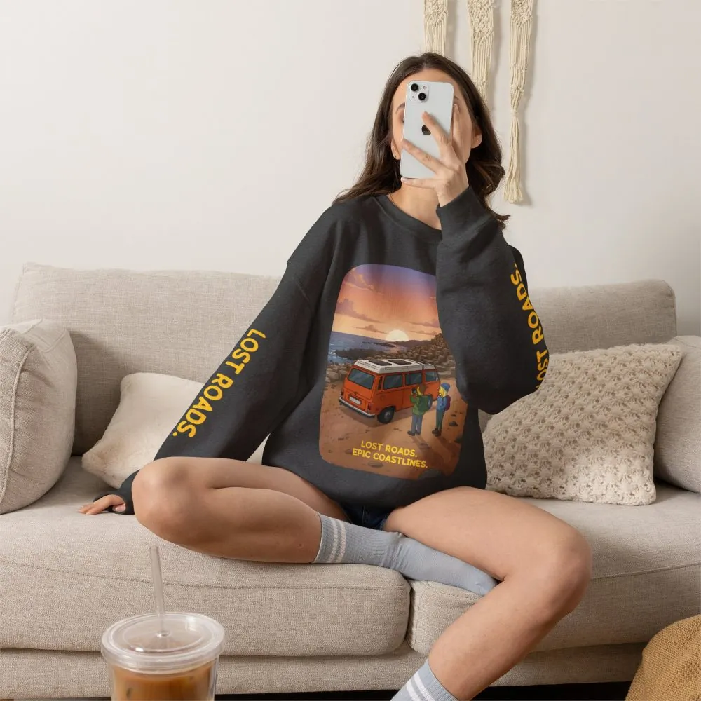 Unisex Heavy Blend™ Crewneck Sweatshirt — "Lost Roads Epic Coastlines" Design Sitcom-Line
