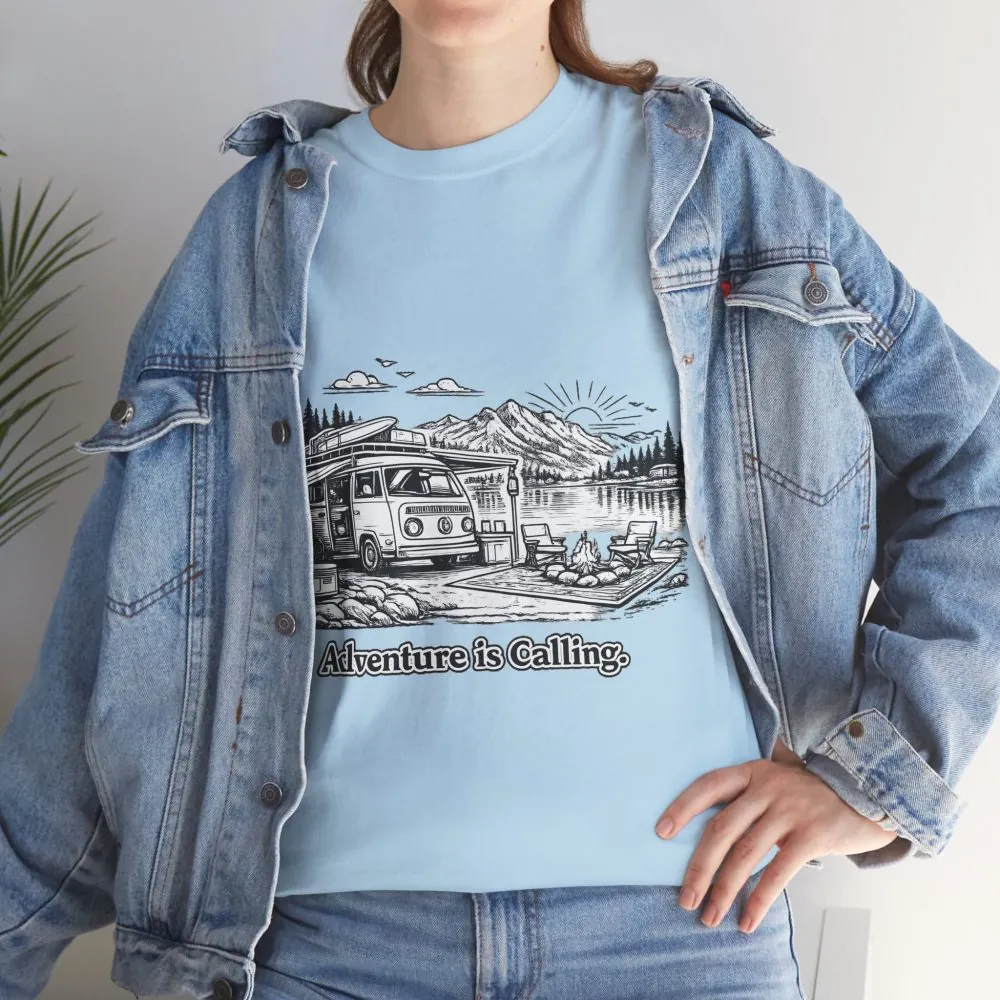 Unisex Heavy Cotton Tee — "Adventure Is Calling" Design Minimal-Line
