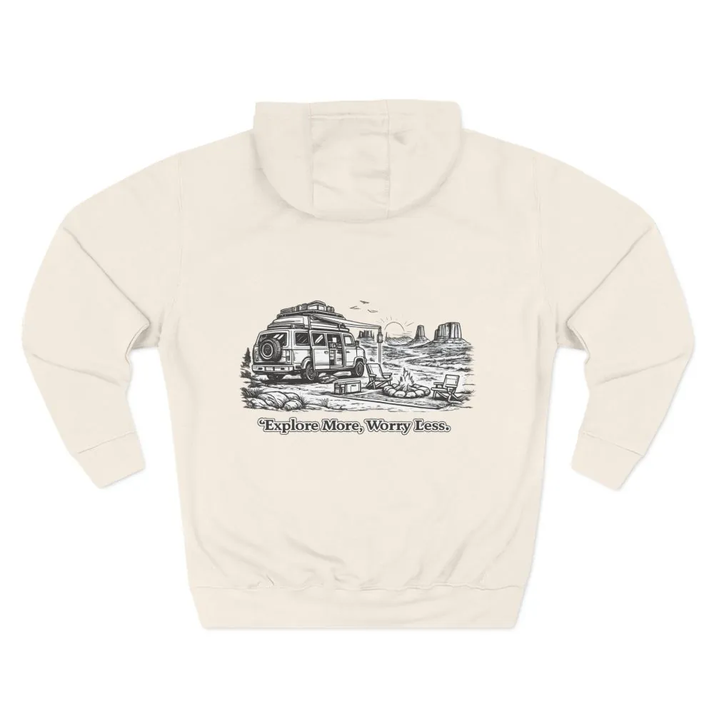 Three-Panel Fleece Hoodie - "Explore More Worry Less" Design Minimal-Line