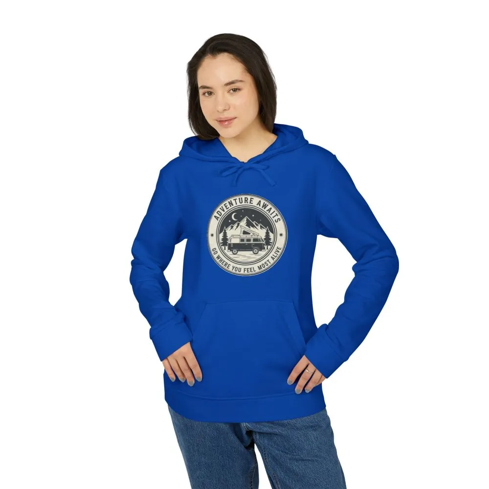 Hoodie(Adidas) — 'Adventure Awaits-Go Where You Feel Most Alive' Outdoor Travel Pullover (Only Front Printed)