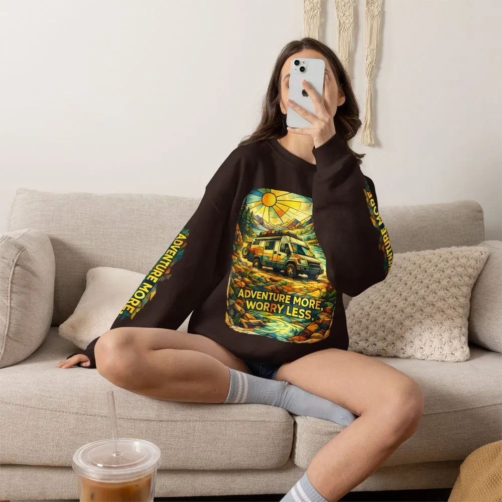 Unisex Heavy Blend™ Crewneck Sweatshirt — "Adventure More Worry Less" Design Cubic-Line