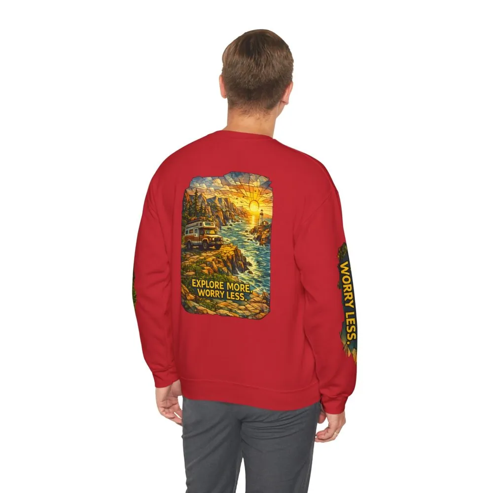 Unisex Heavy Blend™ Crewneck Sweatshirt — "Explore More Worry Less" Design Cubic-Line