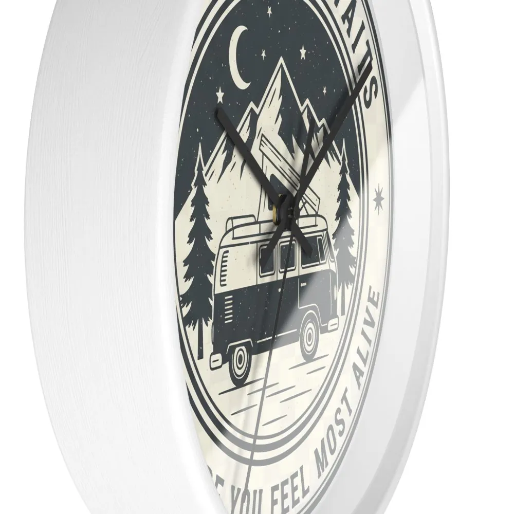 7216007349874093719_2048.jpeg Wall Clock — "Adventure Awaits-Go Where You Feel Most Alive" Camper Van Mountain Travel Timepiece