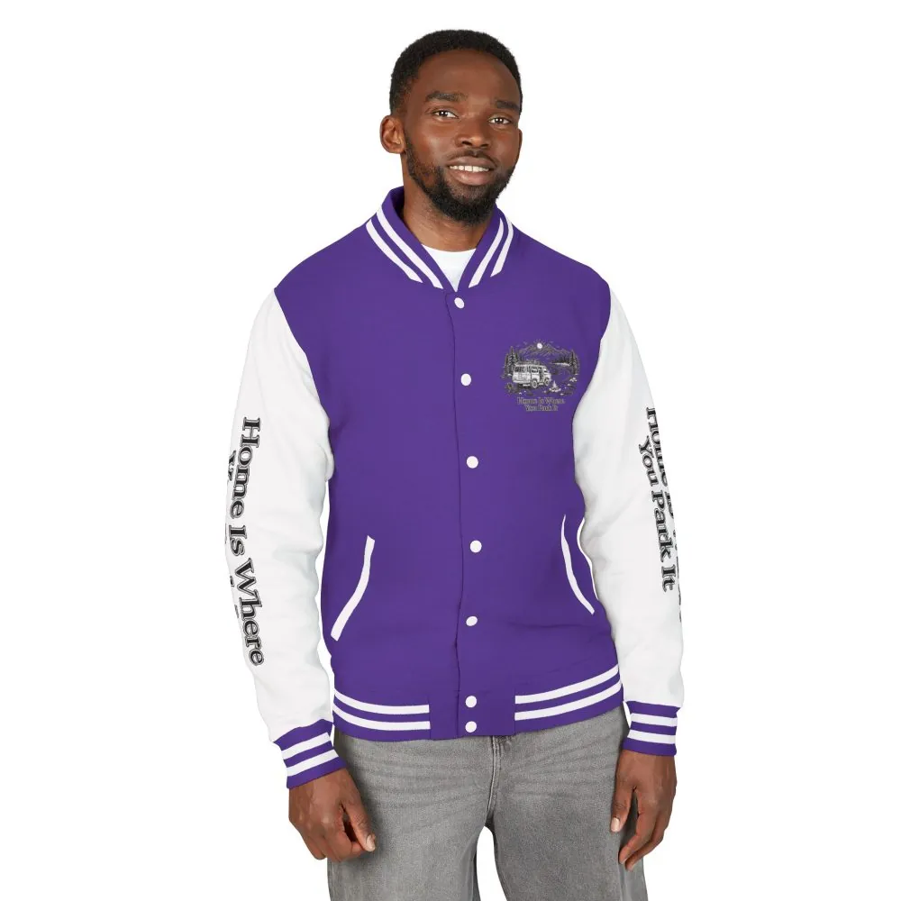 Unisex Heavyweight Letterman Jacket — "Home Is Where You Park It" Travel Varsity Coat