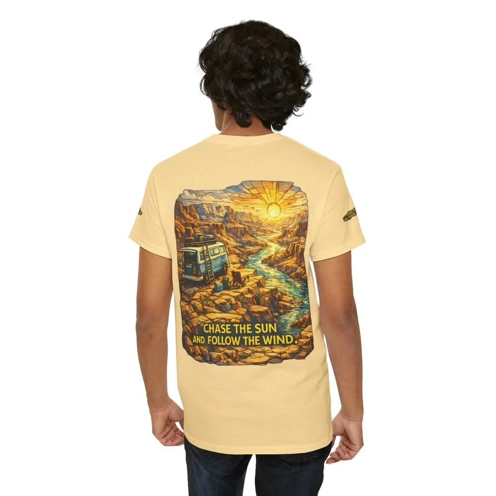 Unisex Heavy Cotton Tee — "Chase The Sun And Follow The Wind" Design Cubic-Line