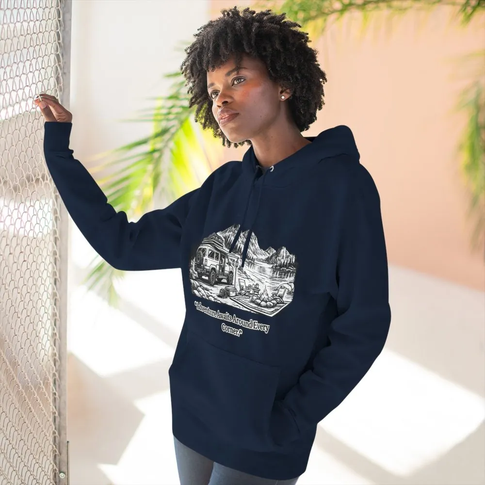 7225451716491666139_2048.jpeg Three-Panel Fleece Hoodie - "Adventure Awaits Around Every Corner" Design Minimal-Line