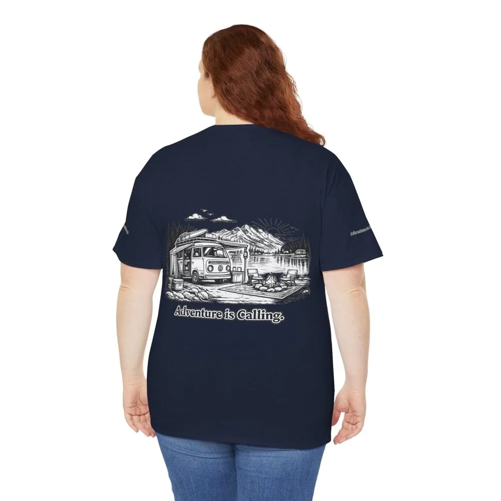 Unisex Heavy Cotton Tee — "Adventure Is Calling" Design Minimal-Line