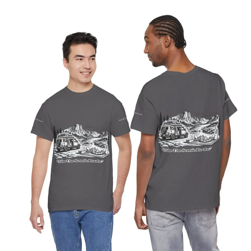 Unisex Heavy Cotton Tee — "Take The Scenic Route" Design Minimal-Line
