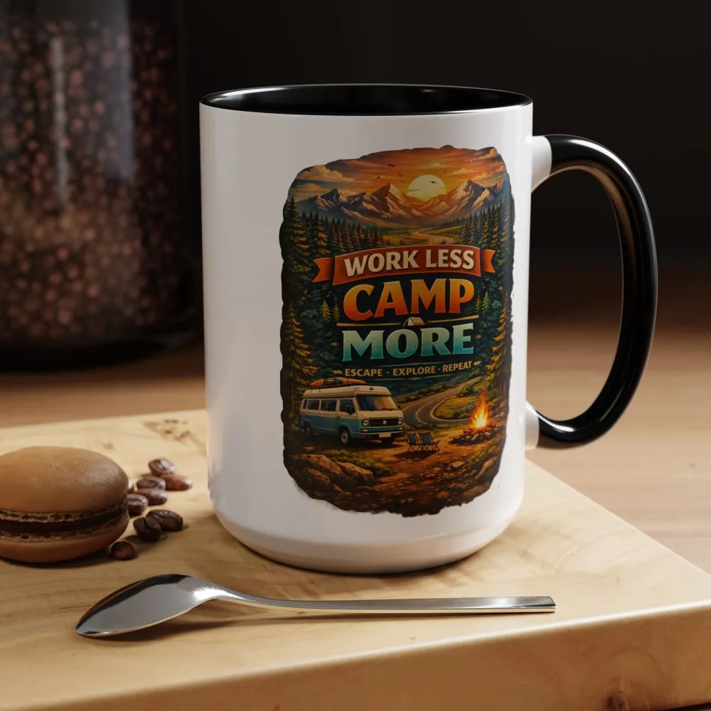 Accent Coffee Mug (11, 15oz) — "Work Less-Camp More" Design Scenic-Line