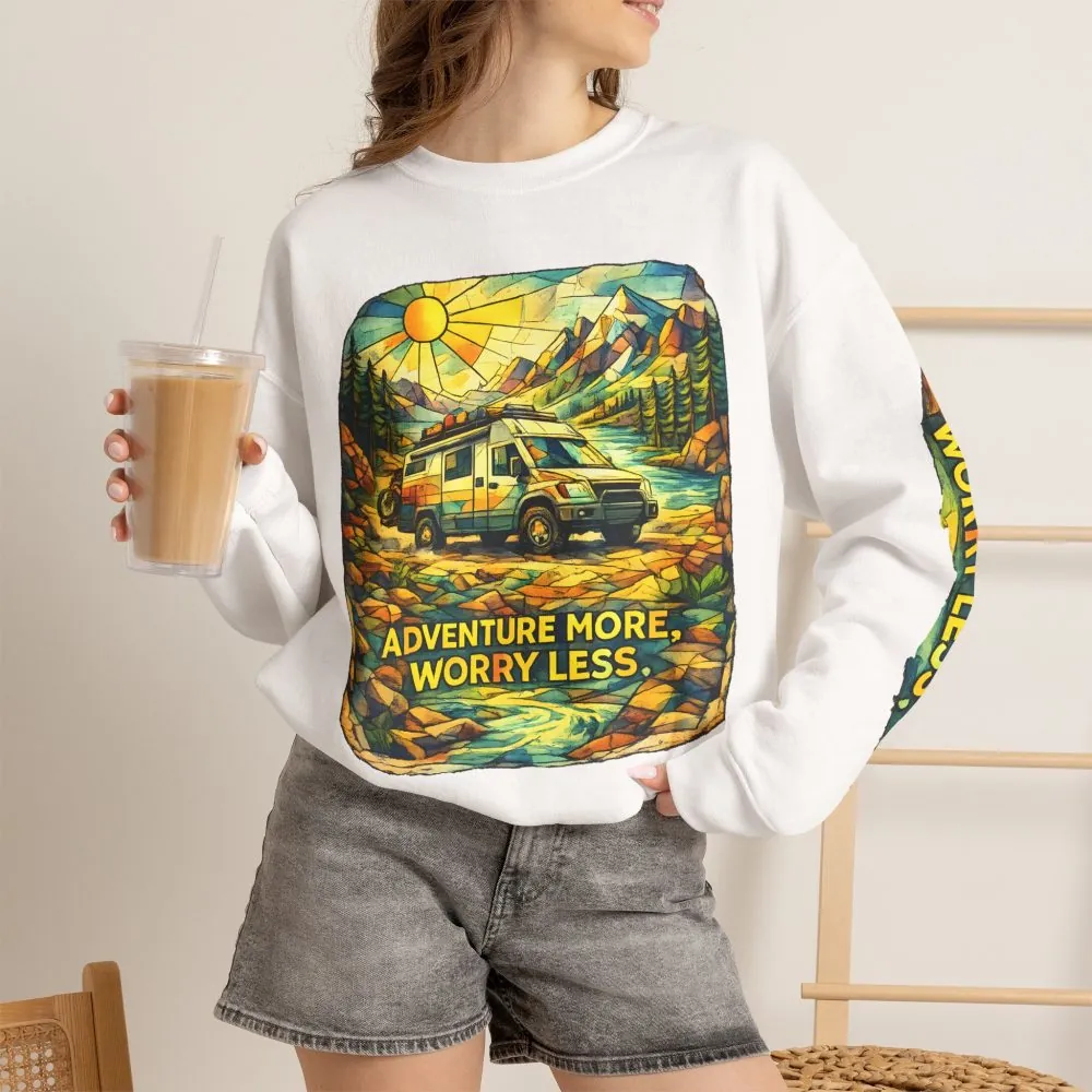 Unisex Heavy Blend™ Crewneck Sweatshirt — "Adventure More Worry Less" Design Cubic-Line