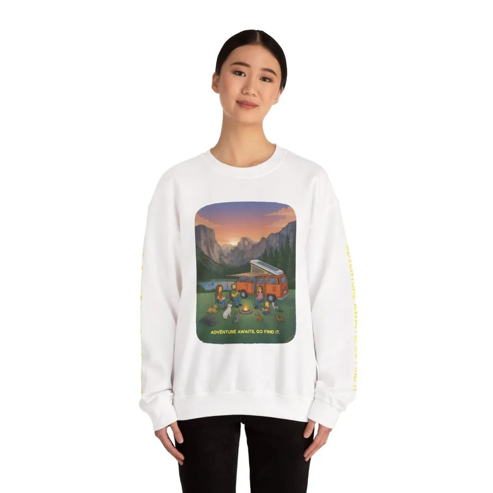 Unisex Heavy Blend™ Crewneck Sweatshirt — "Adventure Awaits-Go Find It"" Design Sitcom-Line