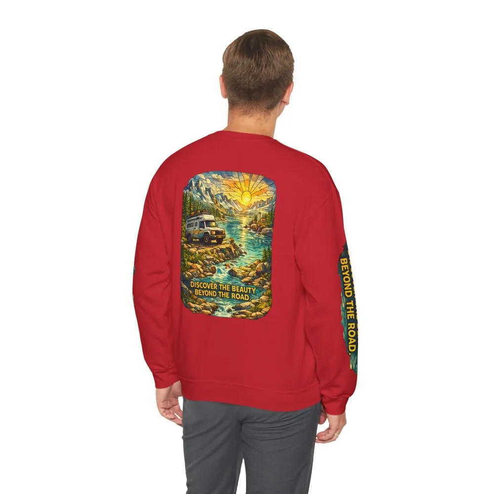 Unisex Heavy Blend™ Crewneck Sweatshirt — "Discover The Bieuty Beyond The Road" Design Cubic-Line
