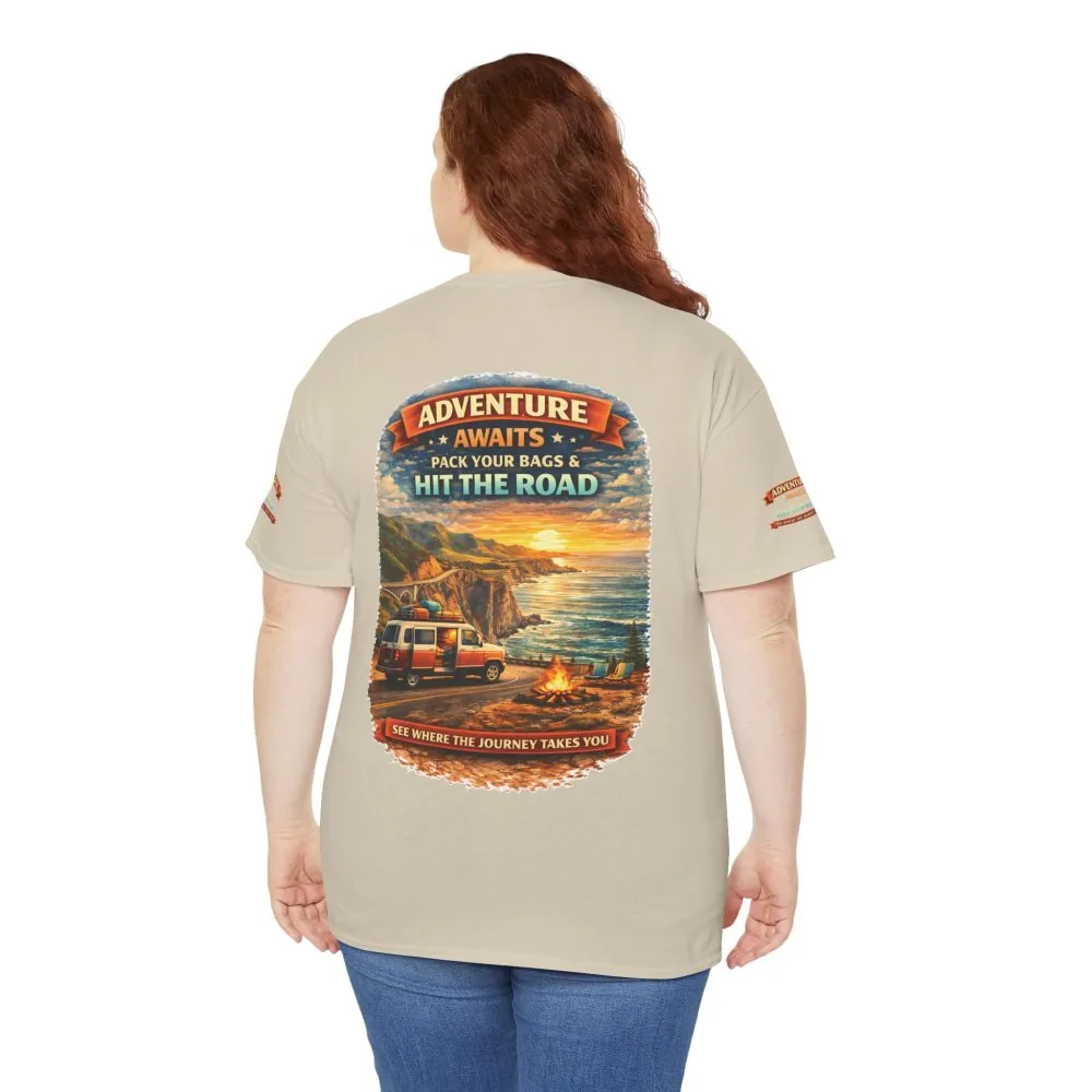 Unisex Heavy Cotton Tee — "Adventure Awaits-Pack Your Bags" Design Scenic-Line