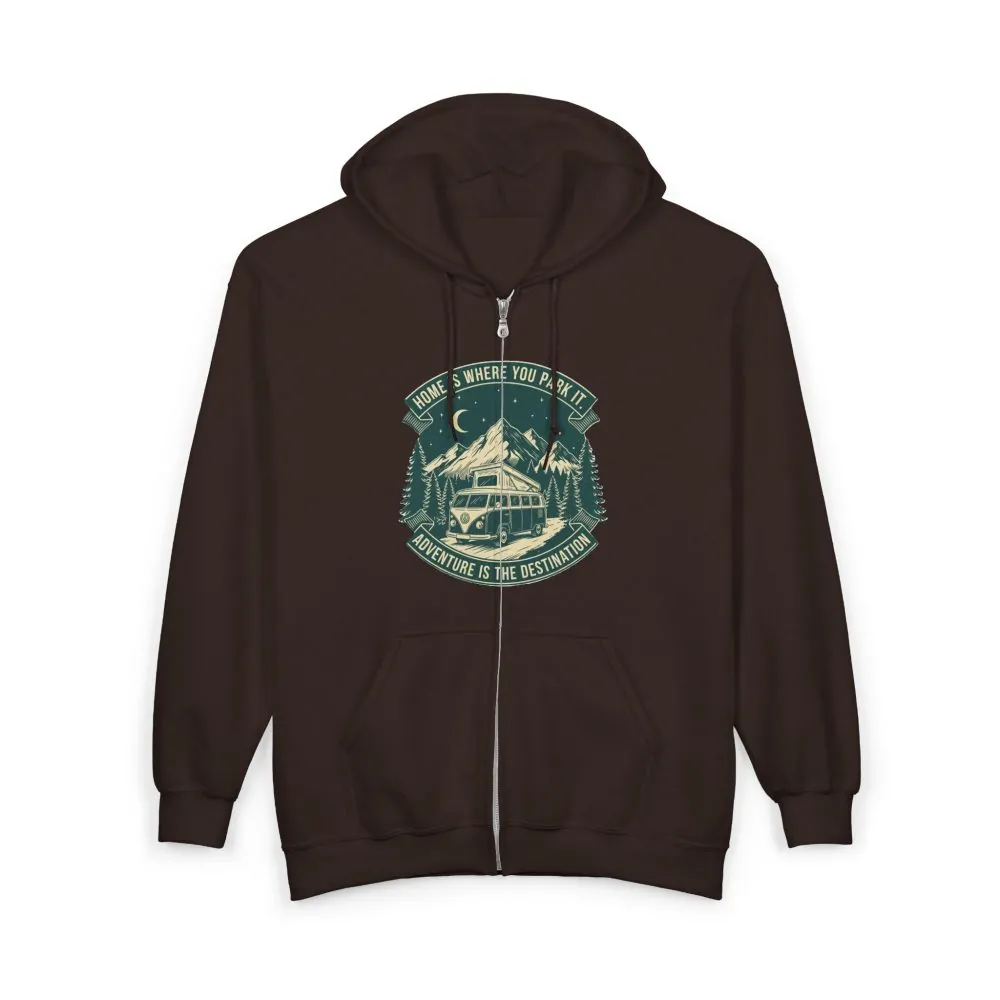 7274001572041670867_2048.jpeg Zip Hoodie — "Home Is Where You Park It-Adventure is the destination"(Only Front Printed) Camper Van Adventure Zip-Up