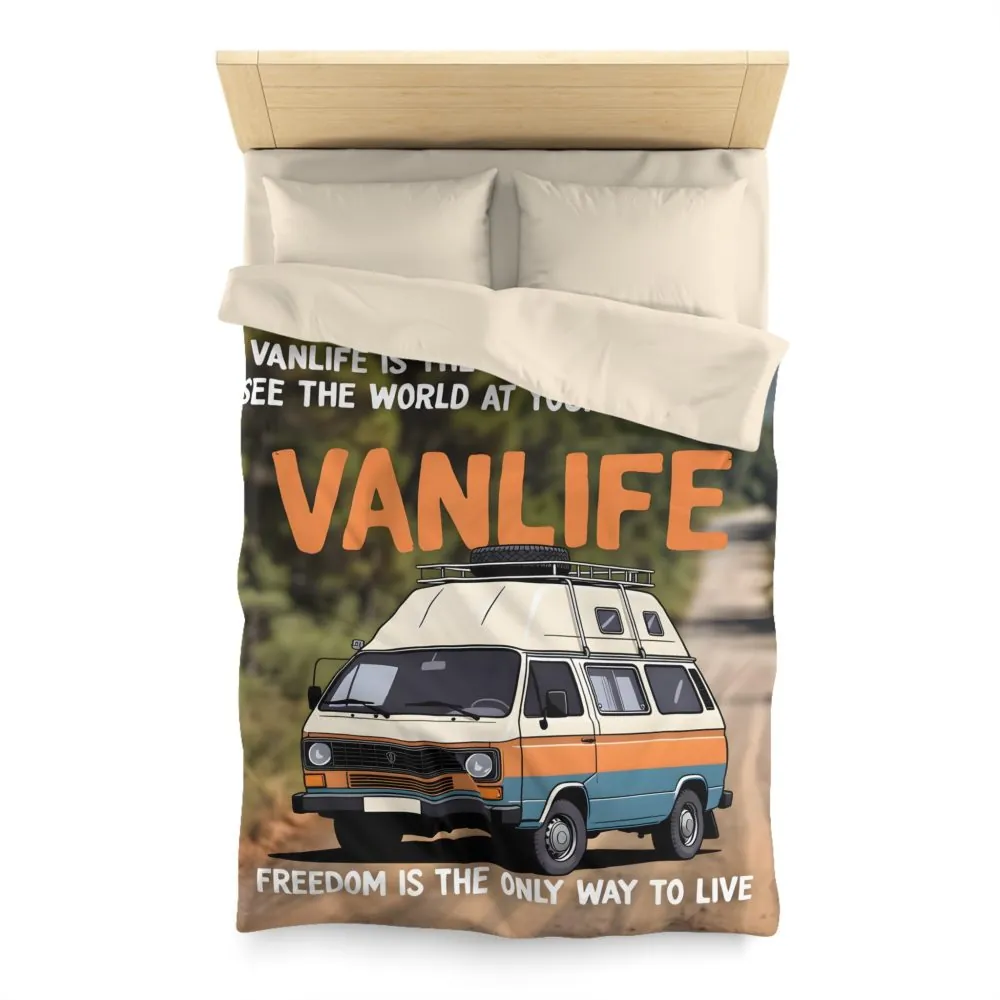 Duvet Cover — "Vanlife freedom is the only way to live" Retro Camper Van Freedom Bedding