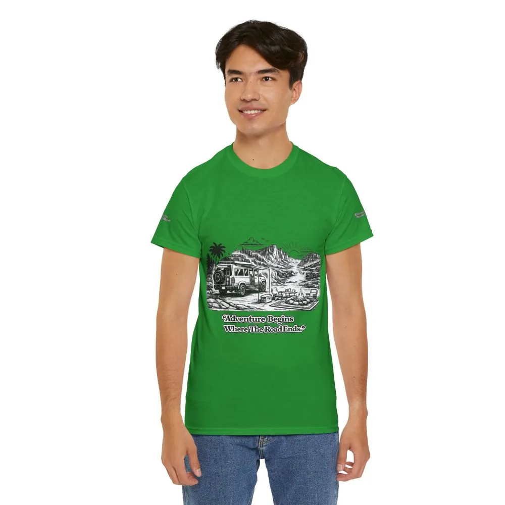 Unisex Heavy Cotton Tee — "Adventure Begins Where The Road Ends" Design Minimal-Line
