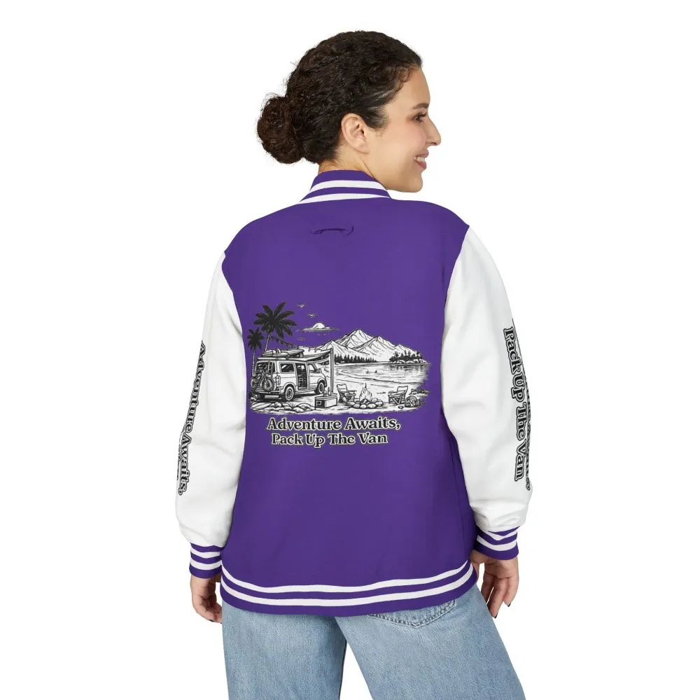 Unisex Heavyweight Letterman Jacket — "Adventure Awaits,Pack Up The Van" Travel Varsity Coat