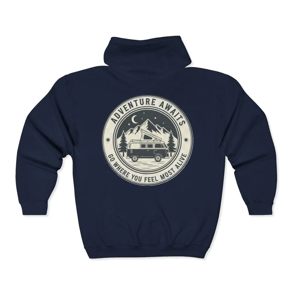 7296946167245431758_2048.jpeg Zip Hoodie — "Adventure Awaits-Go Where You Feel Most Alive" (Only Back Printed) Camper Van Adventure Zip-Up