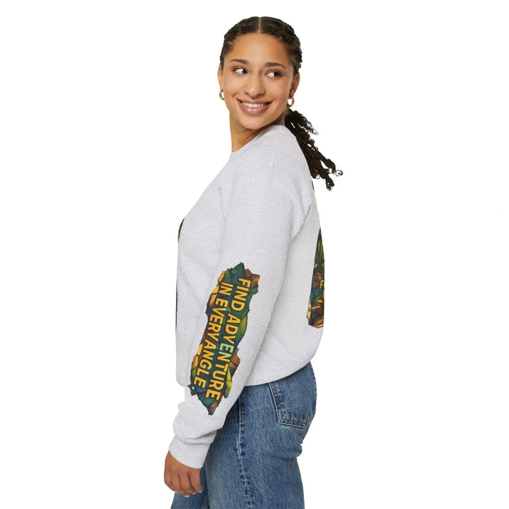 Unisex Heavy Blend™ Crewneck Sweatshirt — "Find Adventure In Every Corner" Design Cubic-Line