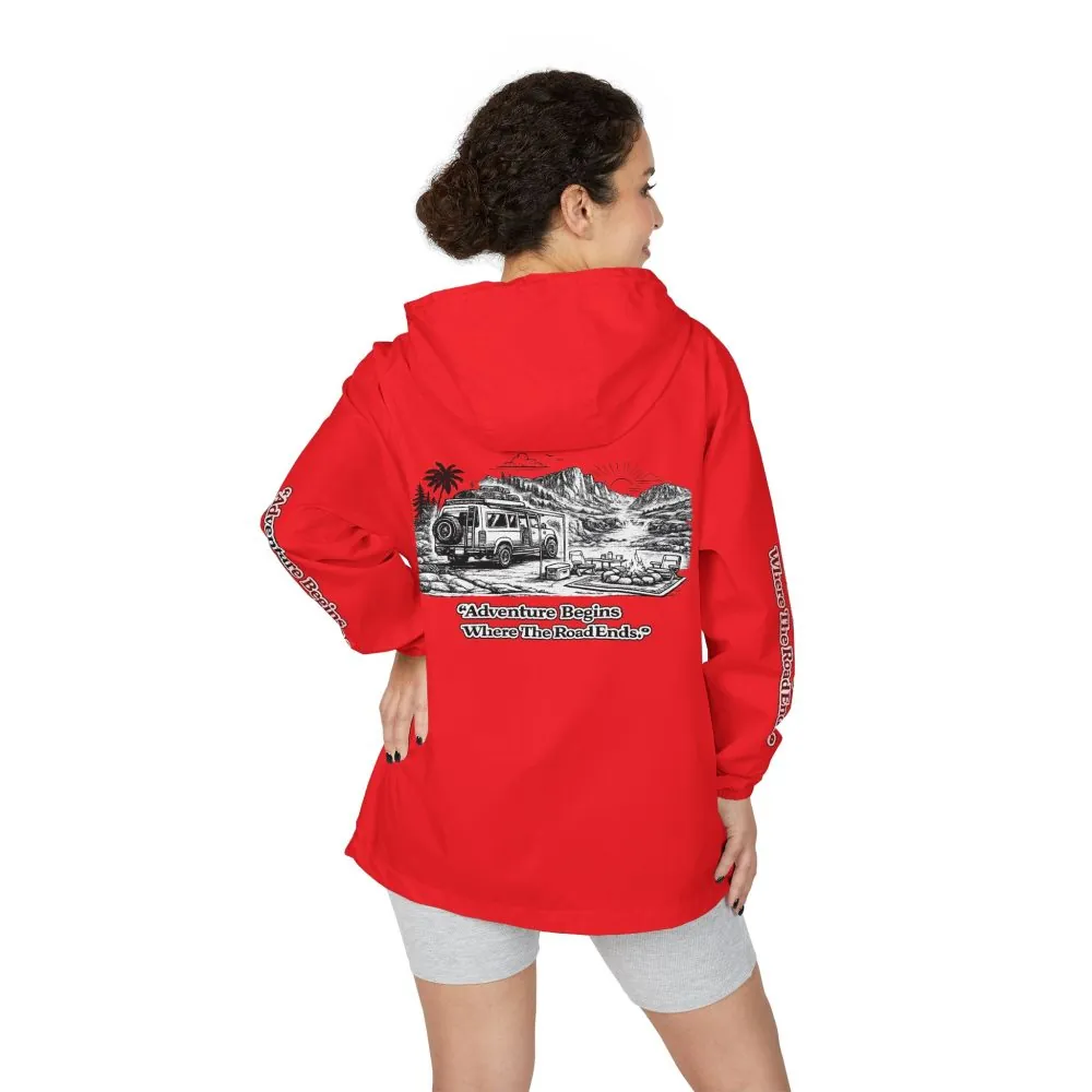 Unisex Full-Zip Windbreaker Jacket — "Adventure Begins Where Roads End" (Design "Minimal-Line")