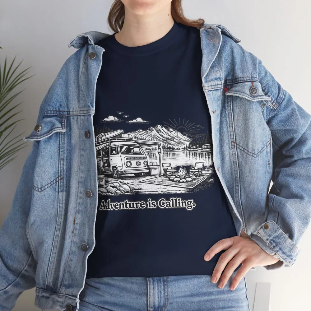 Unisex Heavy Cotton Tee — "Adventure Is Calling" Design Minimal-Line