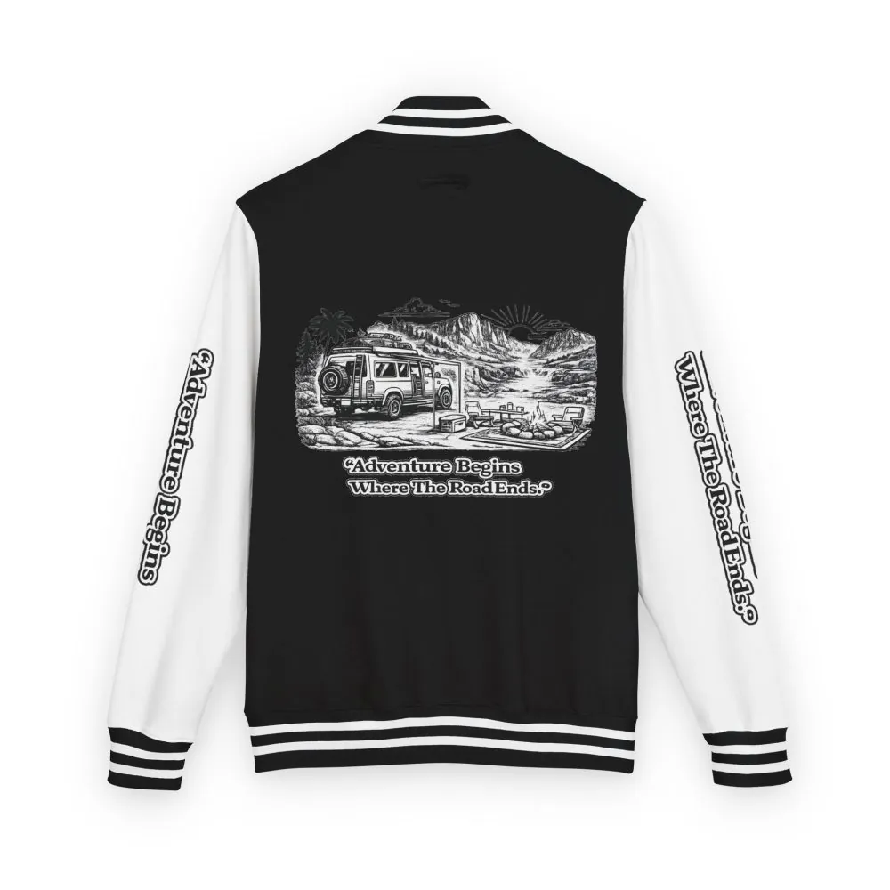 Unisex Heavyweight Letterman Jacket — "Adventure Begins Where The Road Ends" Travel Varsity Coat