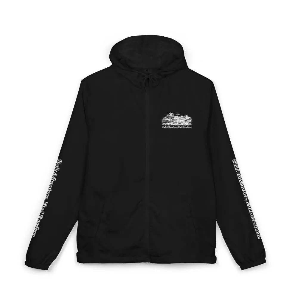 Unisex Full-Zip Windbreaker Jacket — "Seek Adventure, Find Freedom" (Design "Minimal-Line")