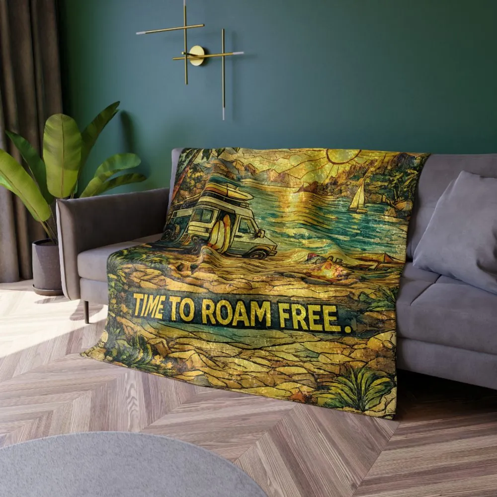 Crushed Velvet Blanket —"Time To Roam Free" Design Cubic-Line (Campervan)