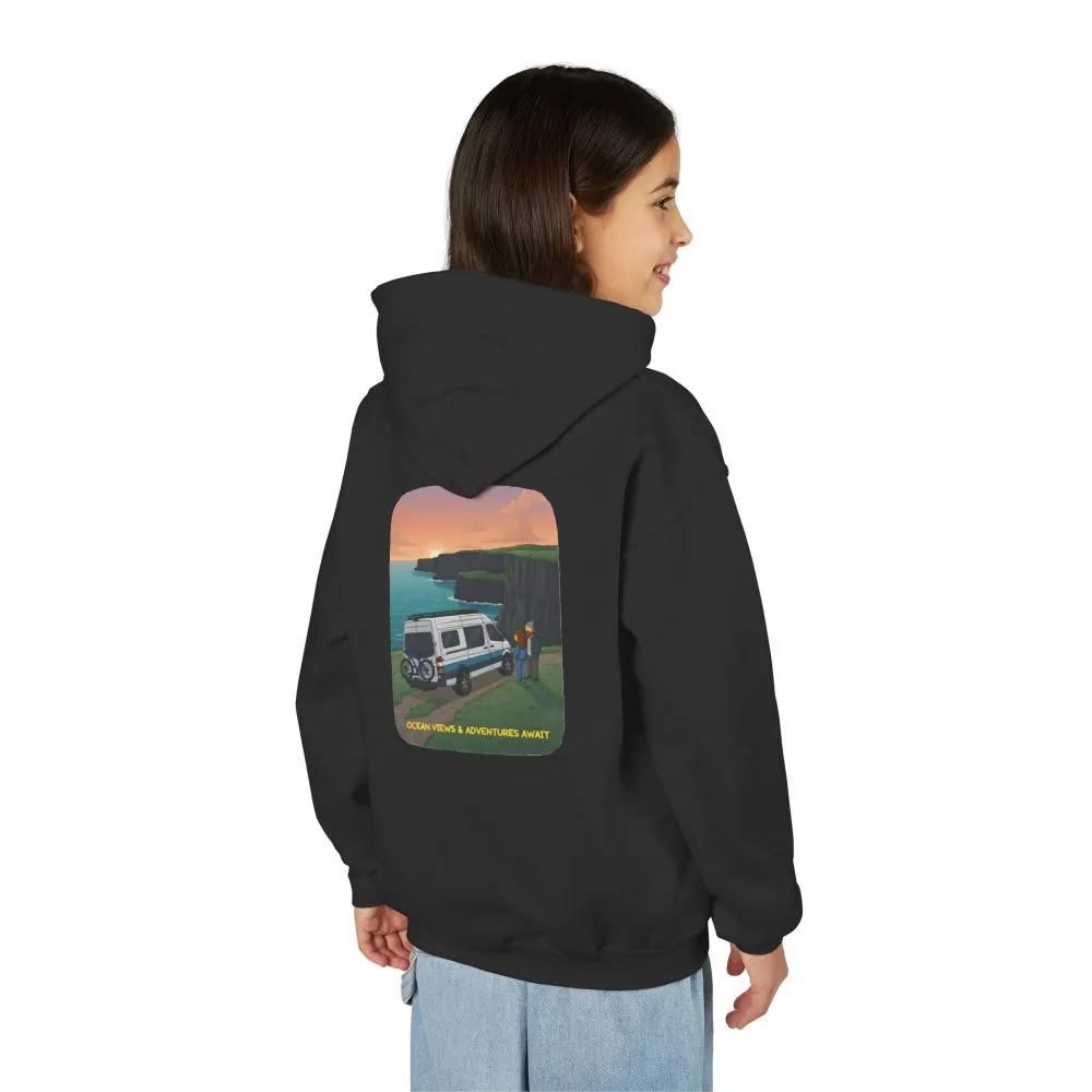 Youth Hoodie(Gildan) – "Ocean Views-Adventures Awaits" (Design Sitcom-Line)