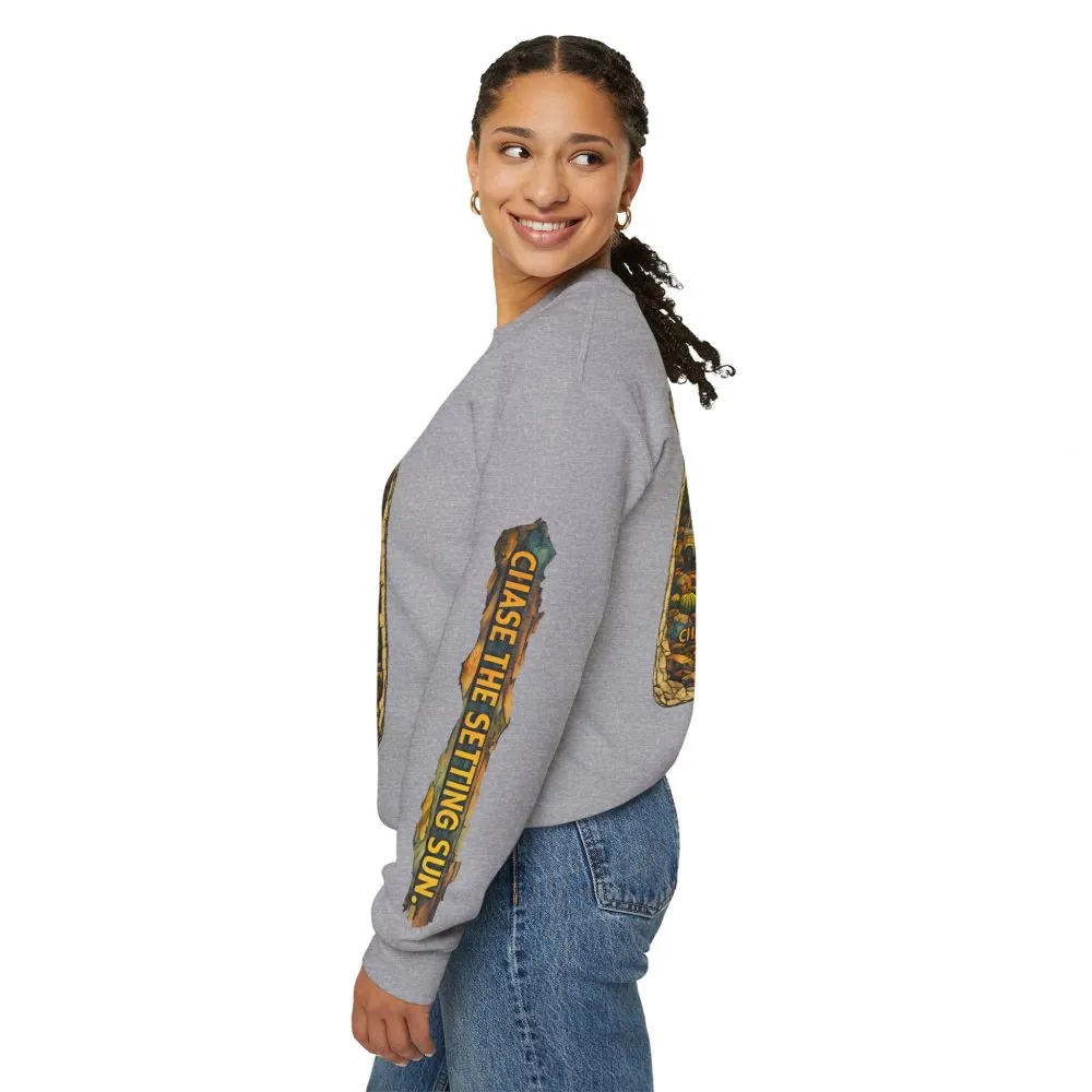 Unisex Heavy Blend™ Crewneck Sweatshirt — "Chase The Settings Sun" Design Cubic-Line