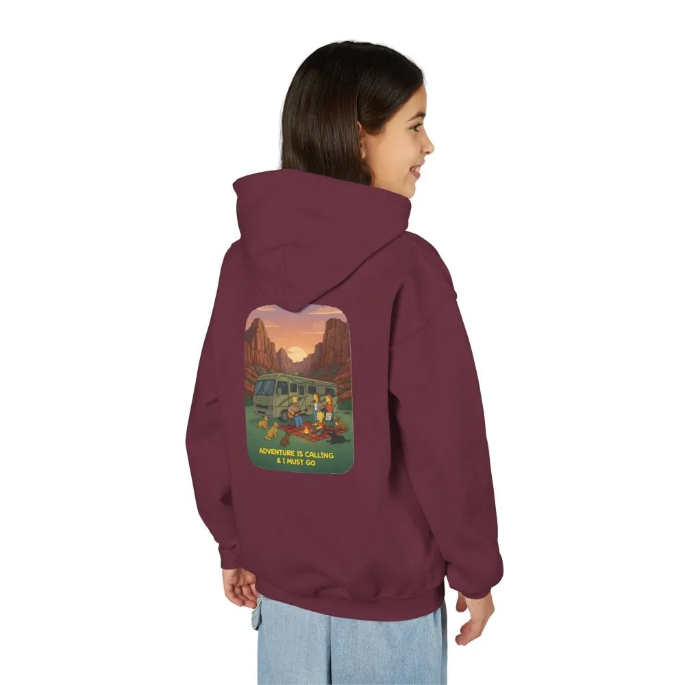 Youth Hoodie(Gildan) – "Adventure Is Calling-I Must Go" (Design Sitcom-Line)