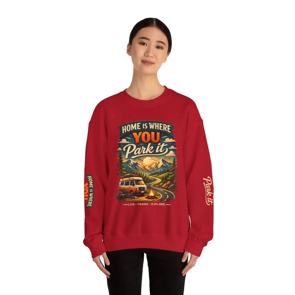 Unisex Heavy Blend™ Crewneck Sweatshirt — "Home Is Where You Park It" Design Scenic-Line