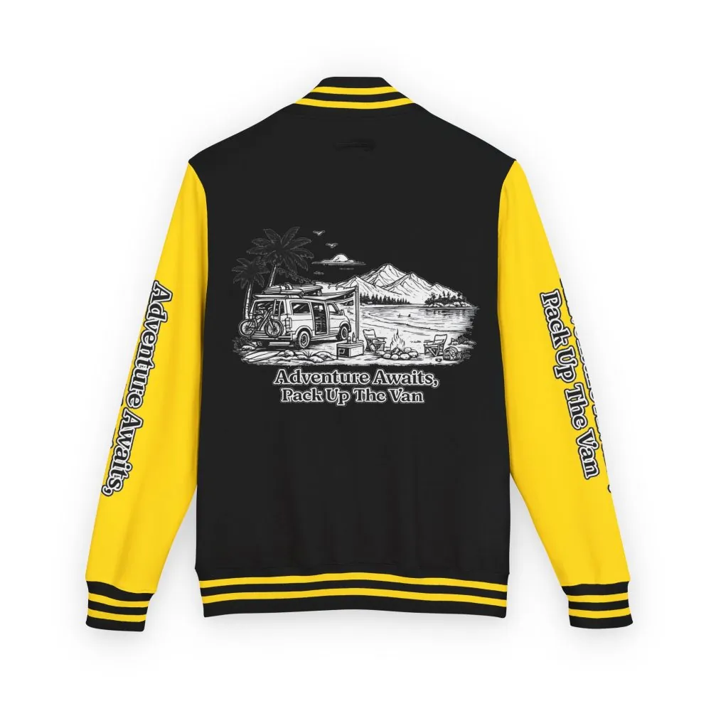 Unisex Heavyweight Letterman Jacket — "Adventure Awaits,Pack Up The Van" Travel Varsity Coat