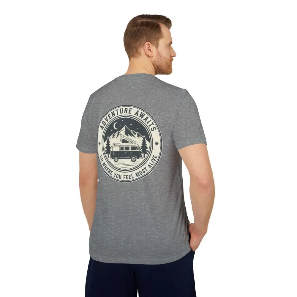 T-Shirt(Adidas) - 'Adventure Awaits-Go Where You Feel Most Alive' (Front + back printed)