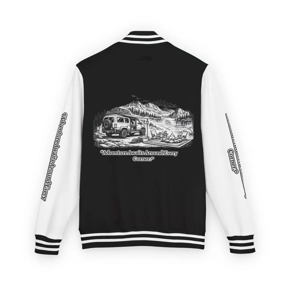 Unisex Heavyweight Letterman Jacket — "Adventure Awaits Around Every Corner" Travel Varsity Coat