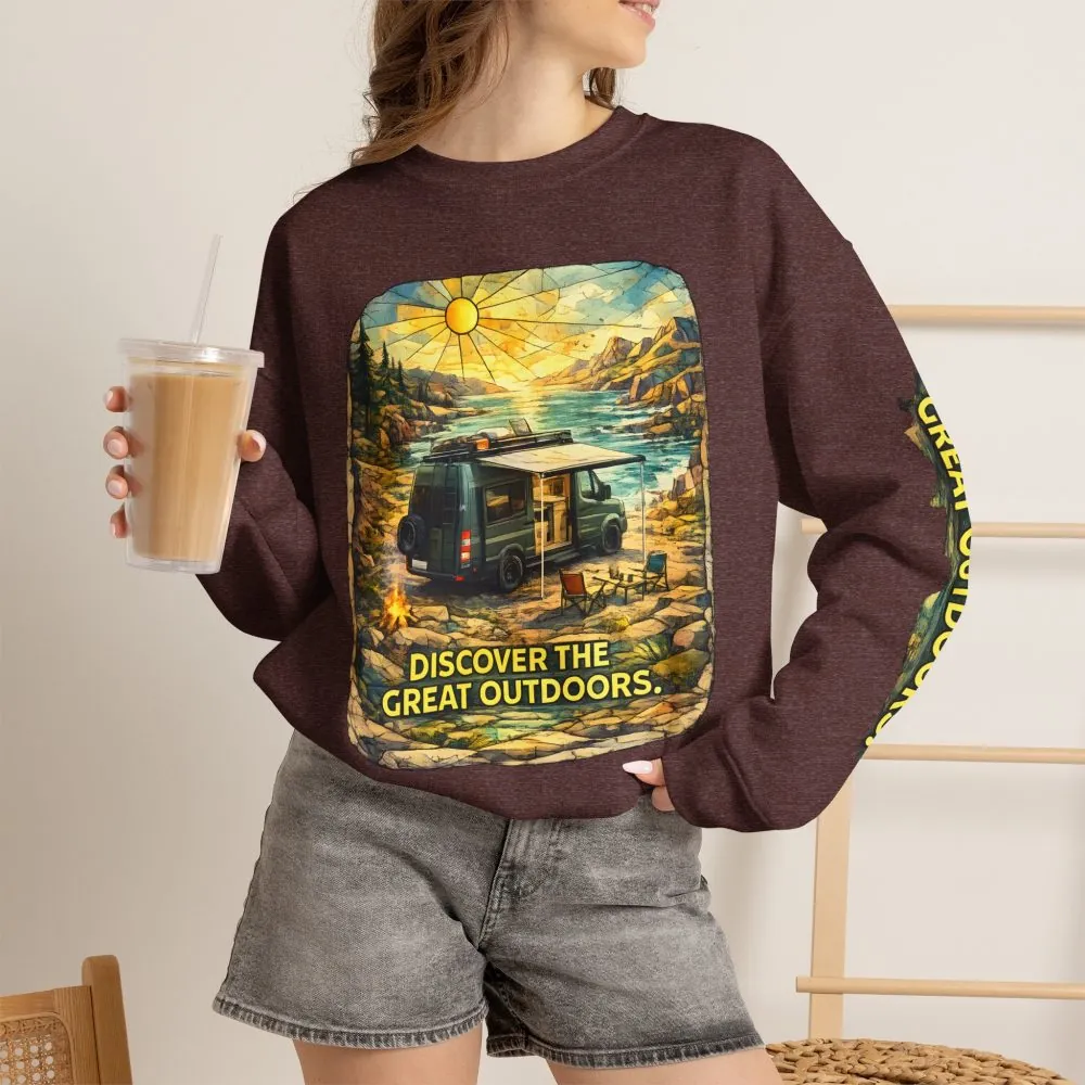 Unisex Heavy Blend™ Crewneck Sweatshirt — "Discover The Great Outdoors" Design Cubic-Line