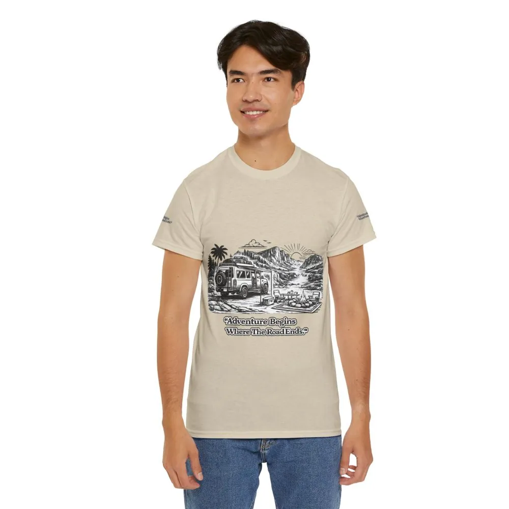 Unisex Heavy Cotton Tee — "Adventure Begins Where The Road Ends" Design Minimal-Line