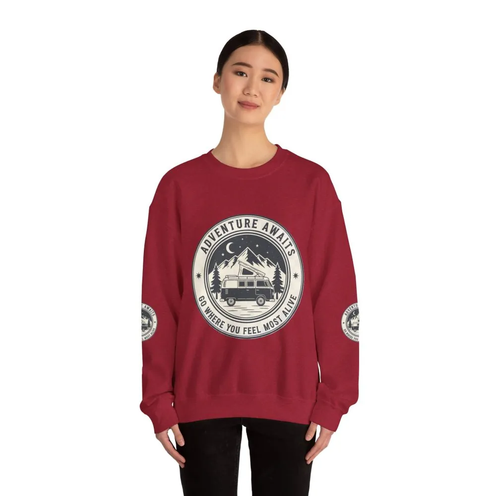 Crewneck Sweatshirt — "Adventure Awaits-Go Where You Feel Most Alive" (Font + Back + Sleaves printed) Vintage Camper Van Outdoor Graphic