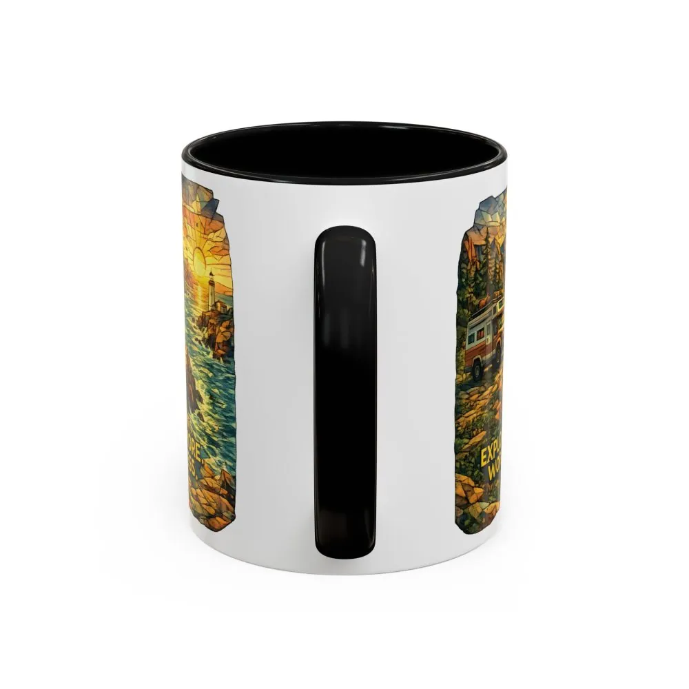 Accent Coffee Mug (11, 15oz) — "Explore More Worry Less" Design Cubic-Line