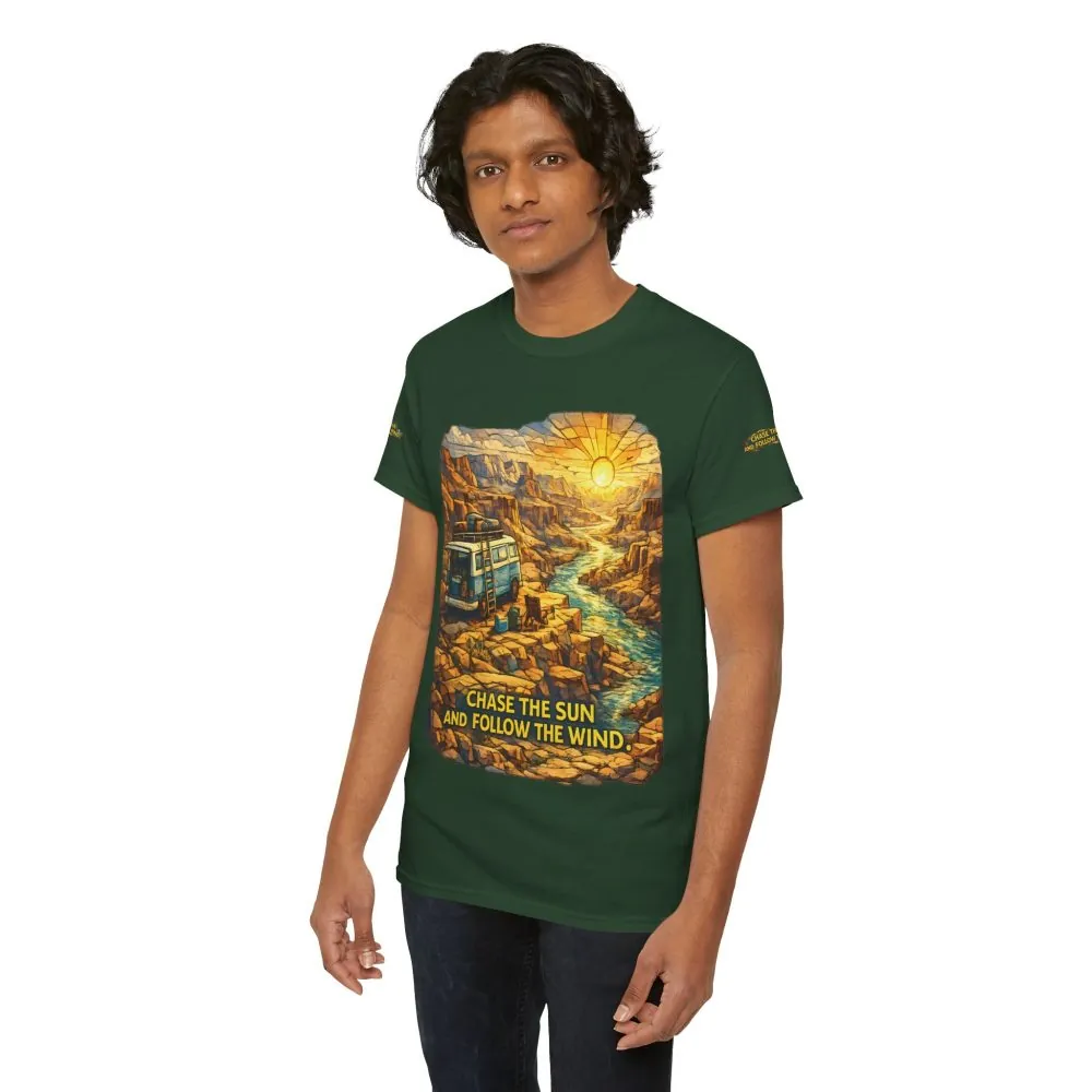 Unisex Heavy Cotton Tee — "Chase The Sun And Follow The Wind" Design Cubic-Line