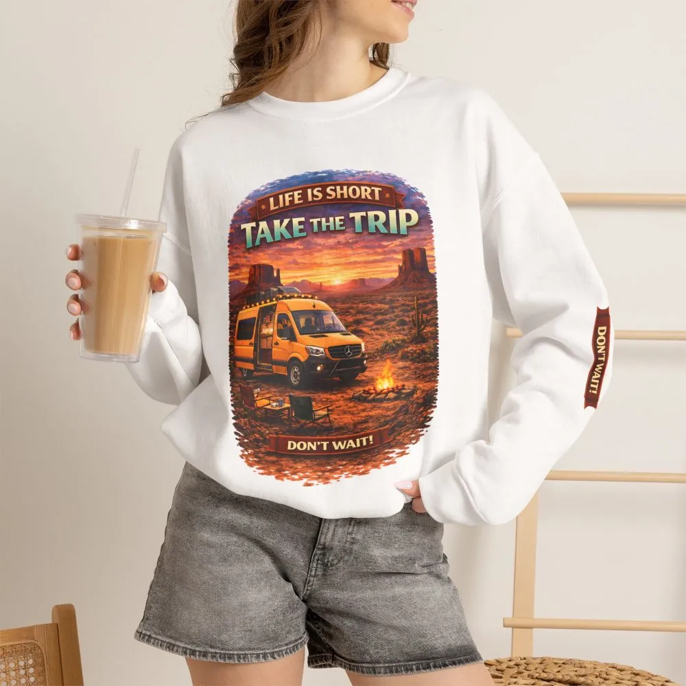 Unisex Heavy Blend™ Crewneck Sweatshirt — "Live Is Short Take The Trip" Design Scenic-Line