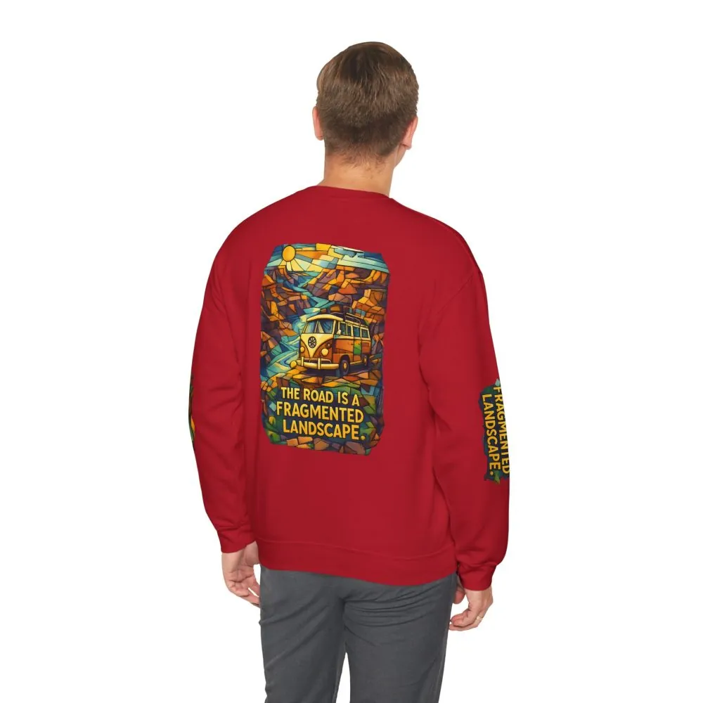 Unisex Heavy Blend™ Crewneck Sweatshirt — "The Road Is A Fragmented Landscape" Design Cubic-Line