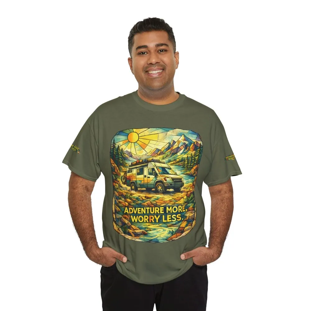 Unisex Heavy Cotton Tee — "Adventure More Worry Less" Design Cubic-Line