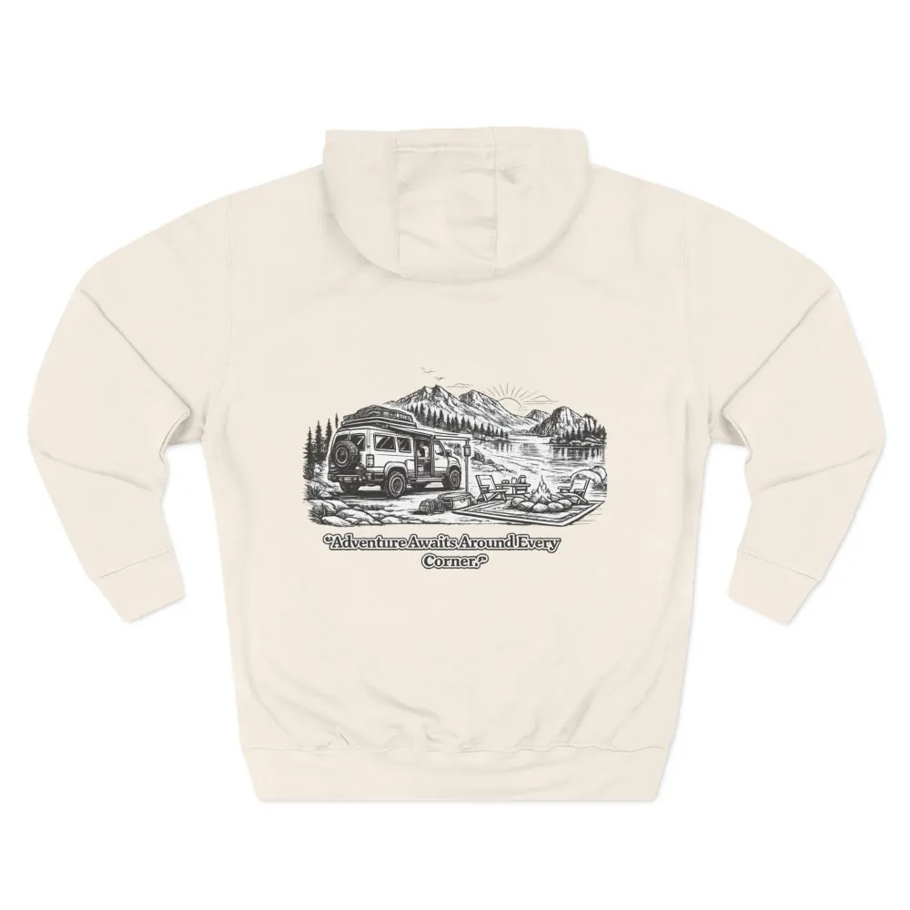7494998014667830625_2048.jpeg Three-Panel Fleece Hoodie - "Adventure Awaits Around Every Corner" Design Minimal-Line